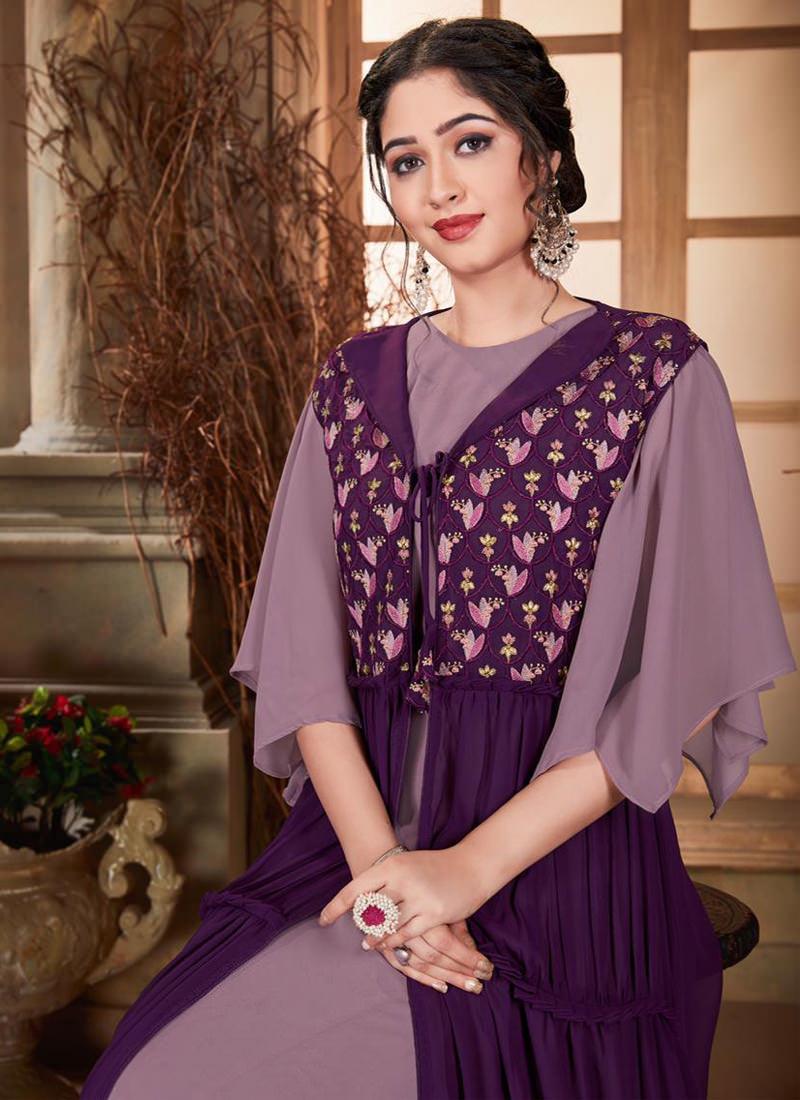 Purple Color Georgette Base Jacket Style Gown Buy Cheap Shop