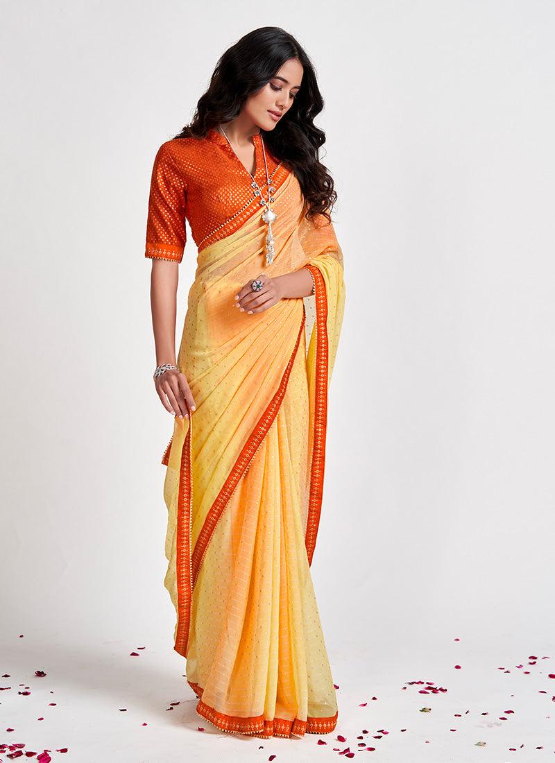 Lemon Yellow Color Georgette Material Printed Saree Online Online Clearance