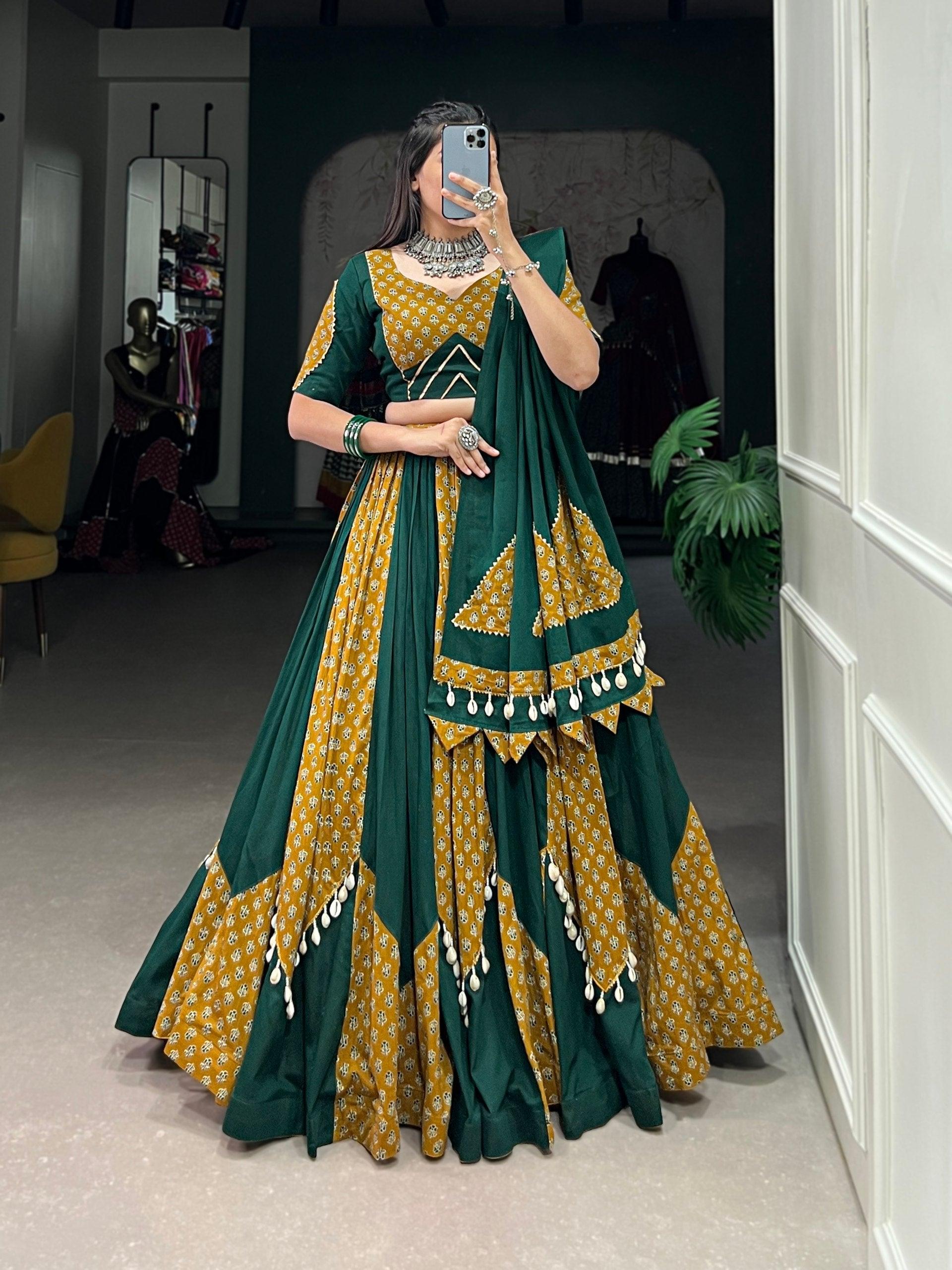 Mustard & Green Colored Pure Cotton Navratri Wear Lehenga Set Sale Manchester Great Sale