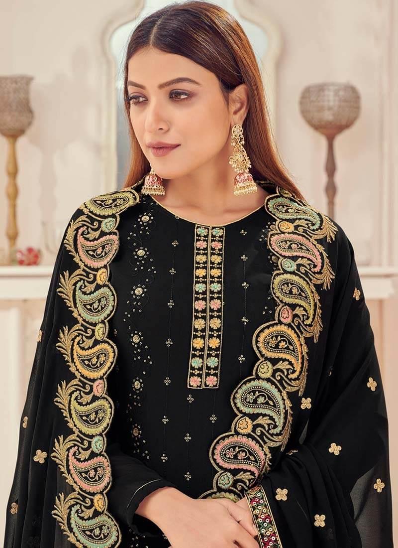 Black Color Georgette Fabric Zari And Sequins Work Palazzo Salwar Suit Clearance Marketable