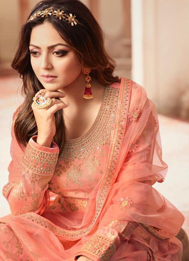 Fantastic Peach Jacquard Silk Base Embroidered Salwar Suit Largest Supplier