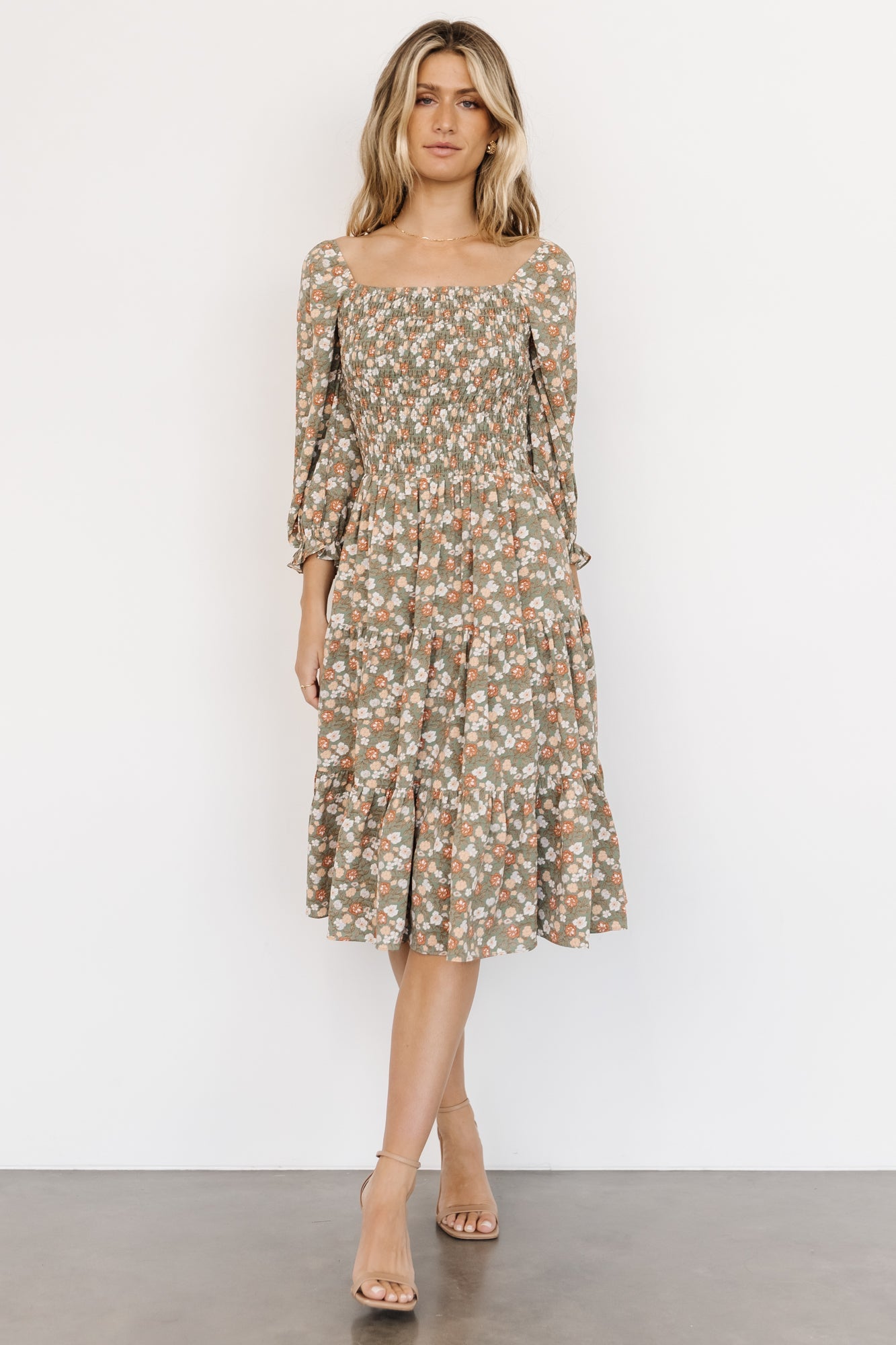 Marta Smocked Midi Dress | Dusty Olive Floral Latest Sale Online