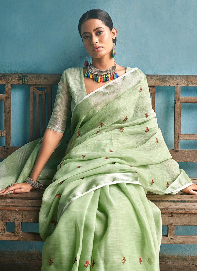 Sea Green Linen Saree With Deep Neckline Blouse Discount Best Seller