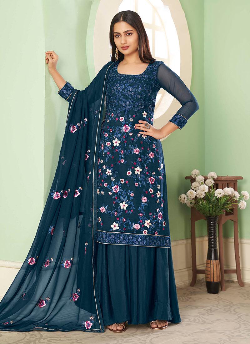 Thread And Sequins Work Blue Palazzo Browse Cheap Online