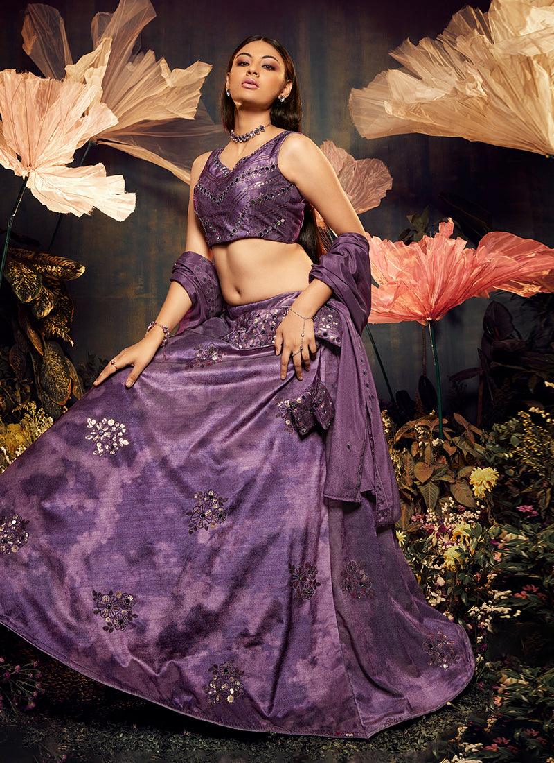 Shibori Print With Heavy Mirror Purple Lehenga Newest Cheap Online