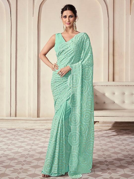 Aqua blue Georgette Sequined and Embroidered saree Cheap Discount Sale