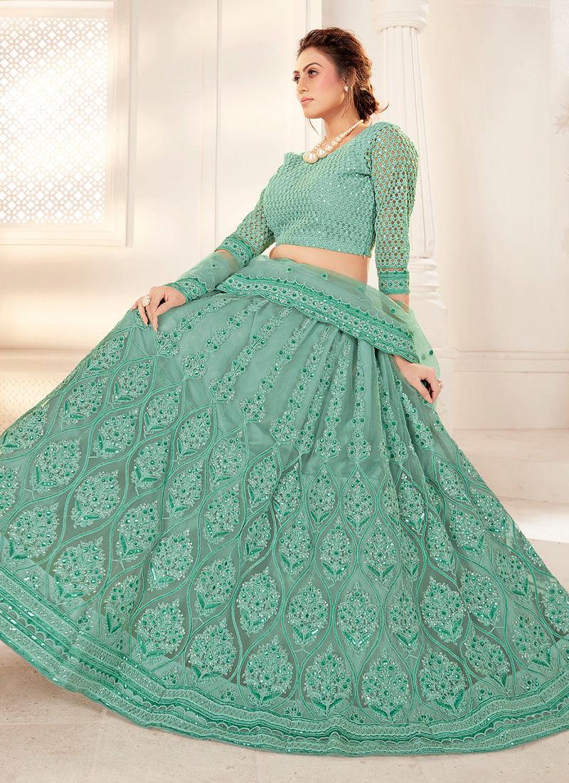 Turquoise Color Amusing Net With Silk Satin Work Wedding Wear Lehenga Choli Purchase Cheap Pice