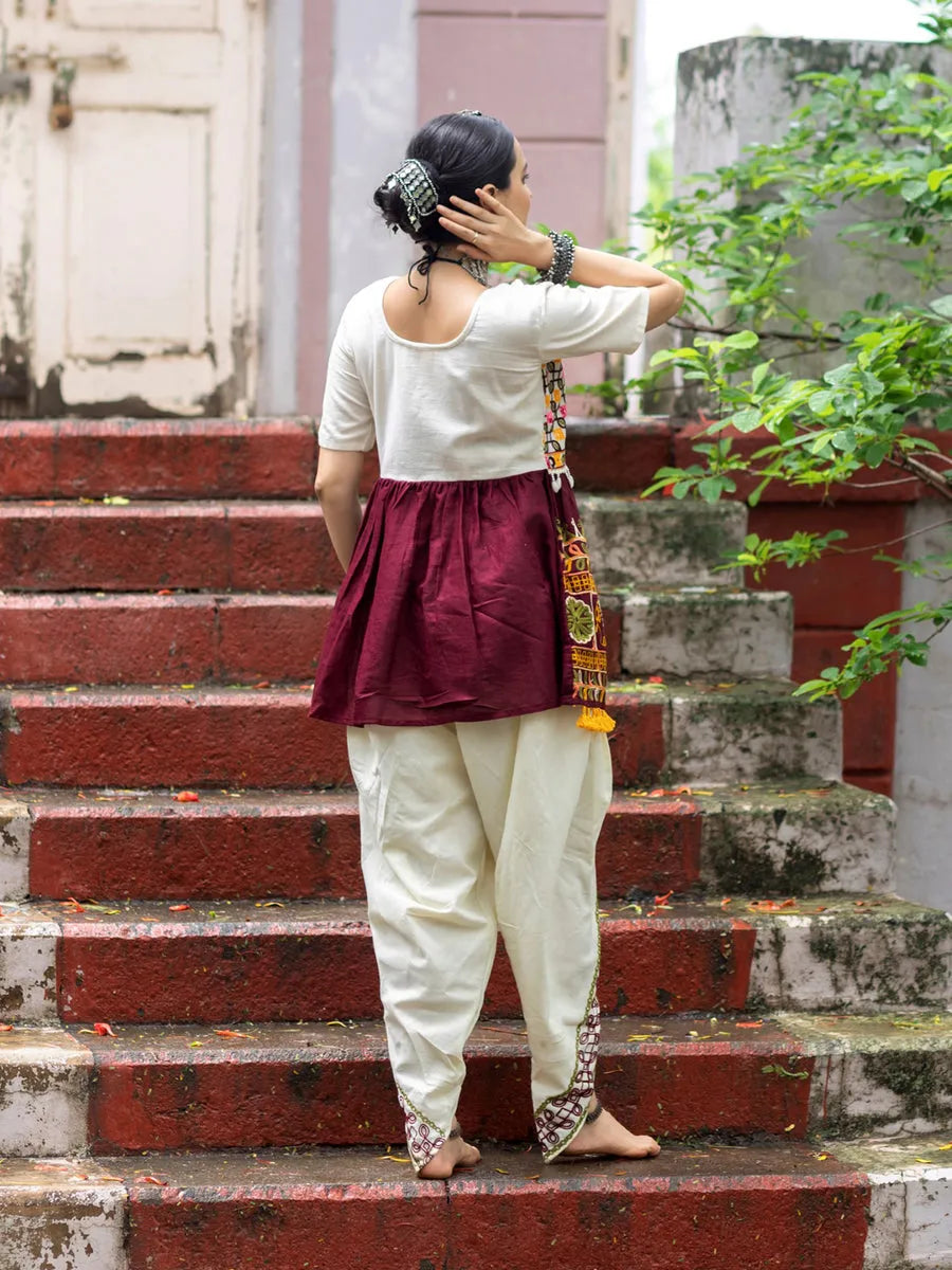 Off-White and Wine Embroidered  Kedia Set for Navratri On Hot Sale