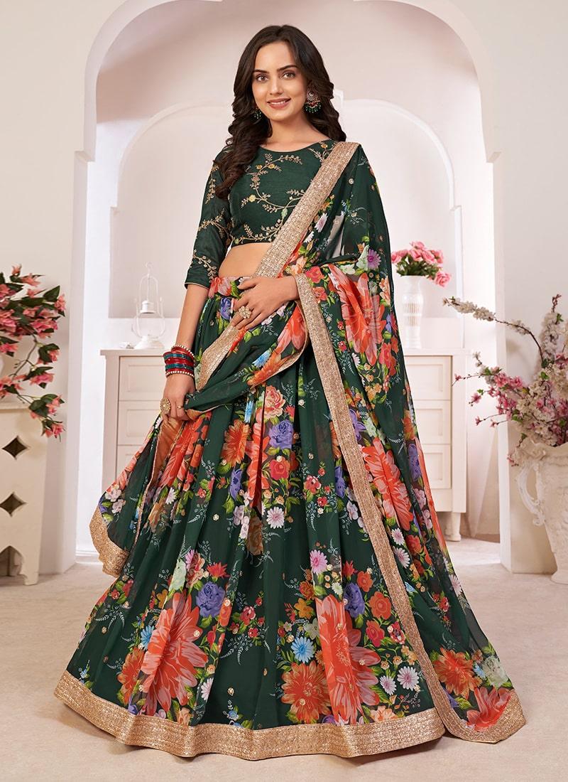 Dark Green Color Georgette Material Floral Print Lehenga Shop For Cheap Pice