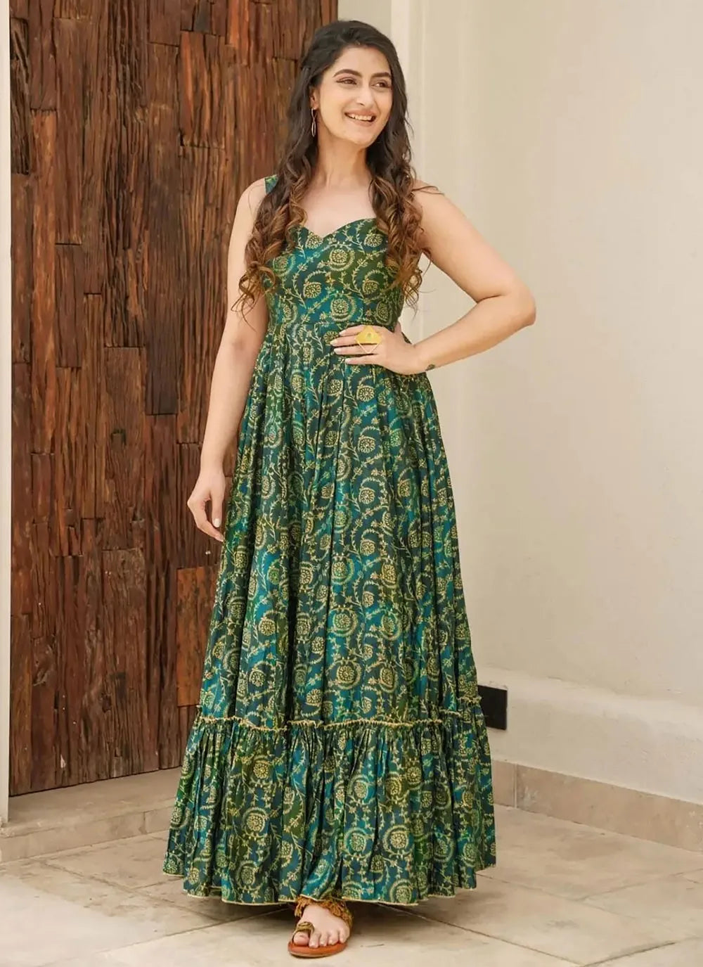 Green Colored Rayon Flared Fully Stitched Designer Gown Best Wholesale Sale Online