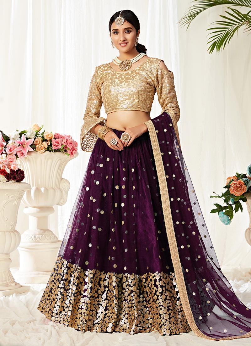 Heavy Sequins Bell Sleeves Wine Lehenga 2025 New