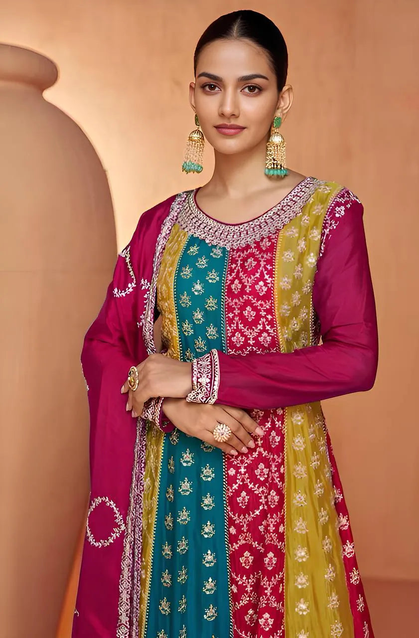 Fantastic Multi Colored Chinon Embroidered Palazzo Suit Sast Sale Online