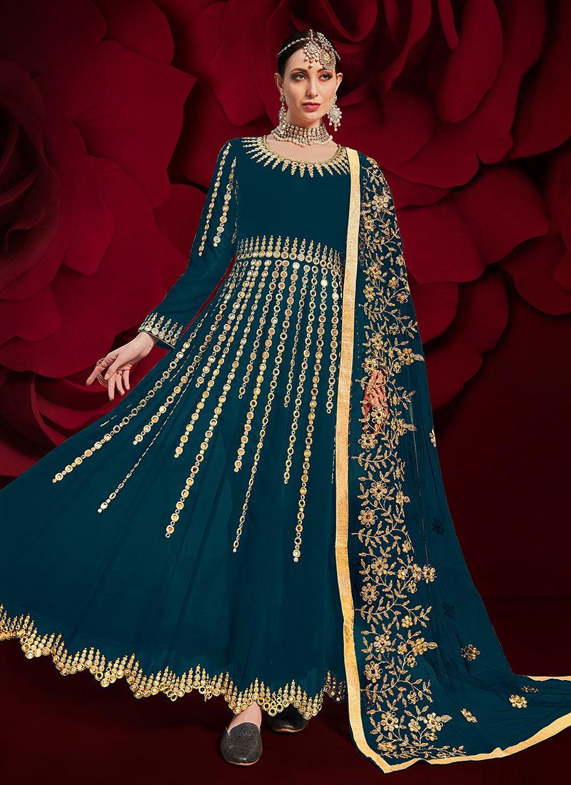 Teal Blue Color Georgette Material Mirror Work Pakistani Salwar Suit Online Cheap Pice