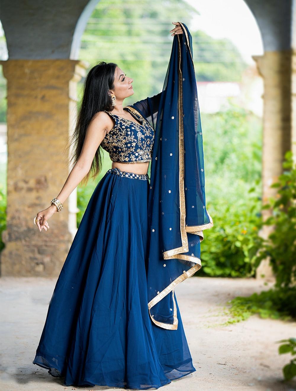 Navy Blue Georgette Sequins Thread Embroidered Lehenga Choli Cheap Sale Cheapest