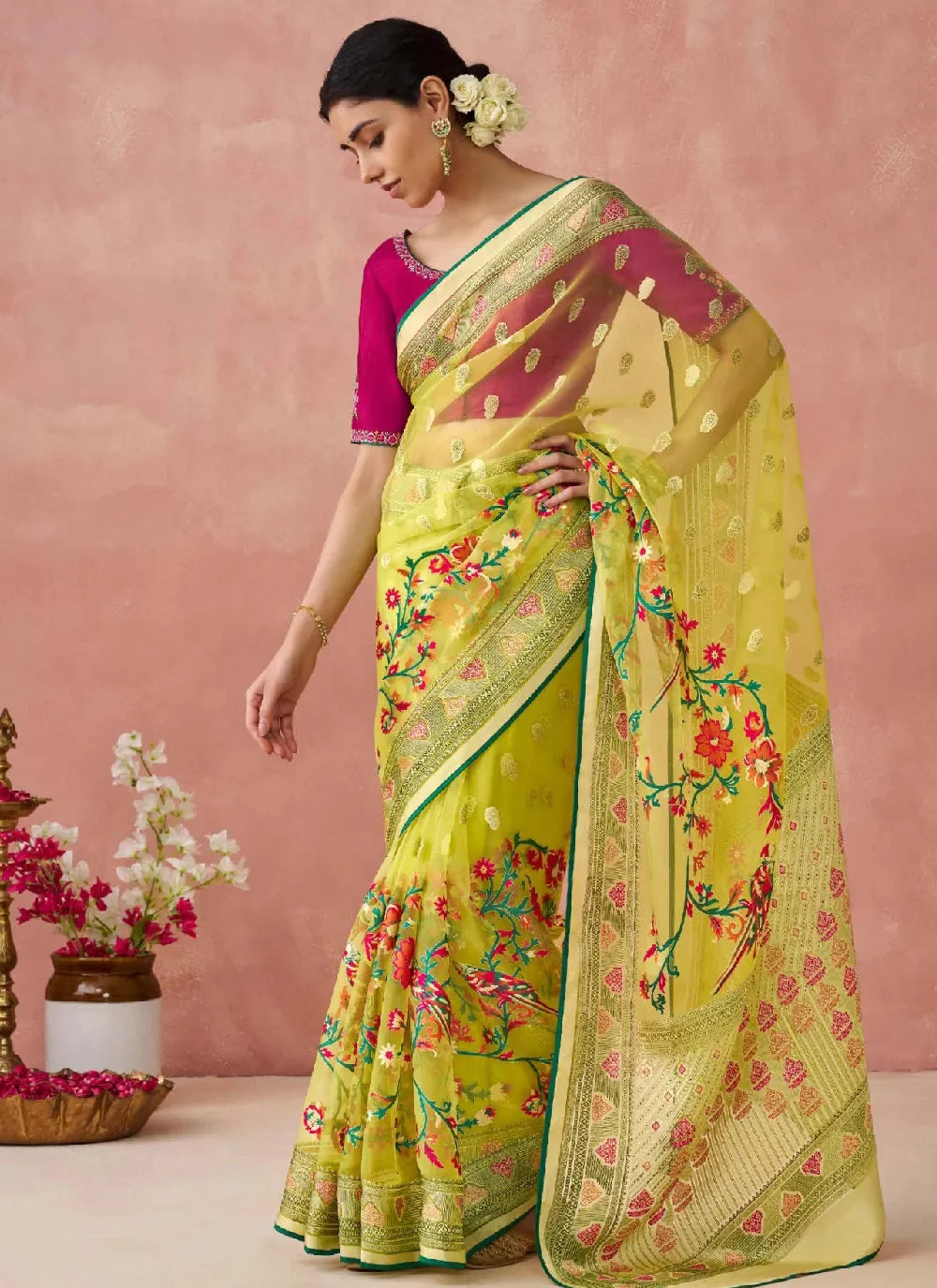 Yellow Organza Printed Embroidered Worked Designer Saree Supply