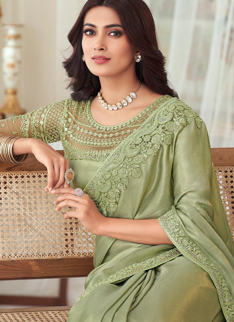 Green Silk Fabric Embroidered Saree Buy Cheap Hot Sale