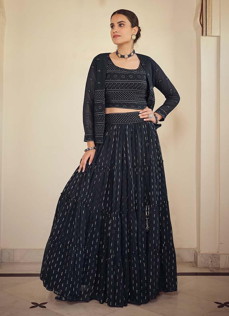 Sequins Work Georgette Fabric Navy Blue Color Lehenga Jacket For Sale Official Site