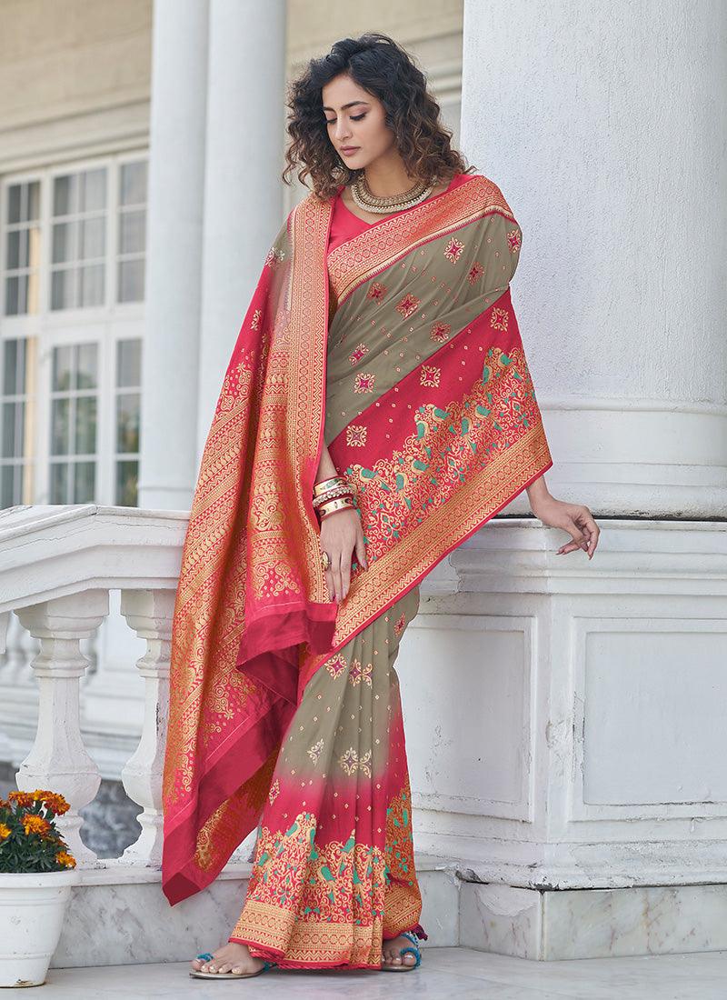 Ethnic Wear Grey Color Banarasi Silk Base Silk Weave Work Saree Cheap Sale Free Shipping