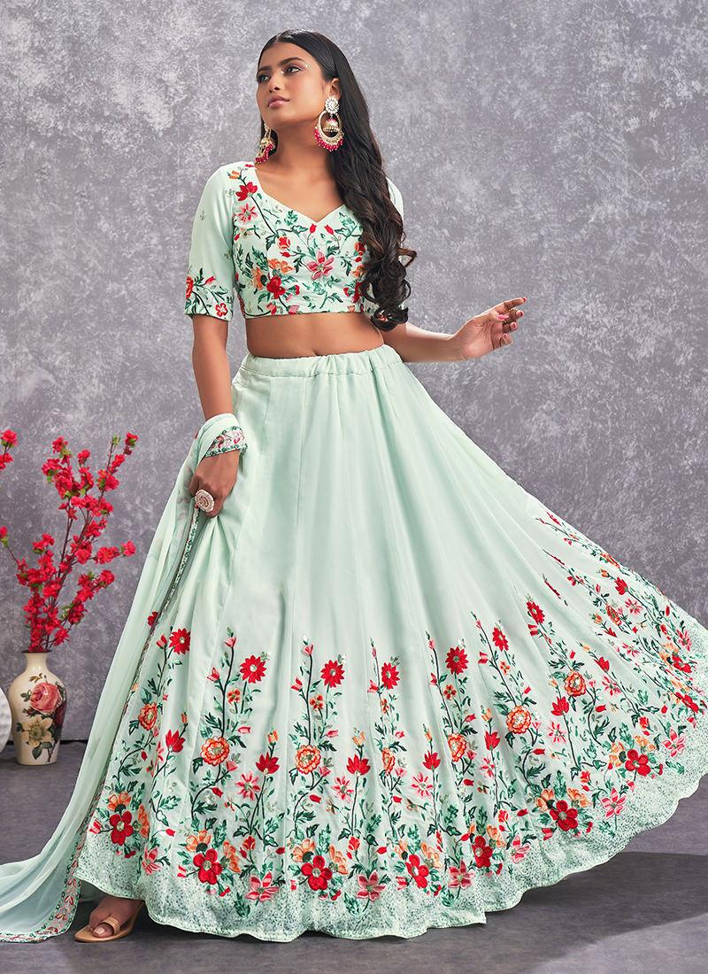 Thread With Sequins Sea Green Georgette Lehenga Free Shipping Official