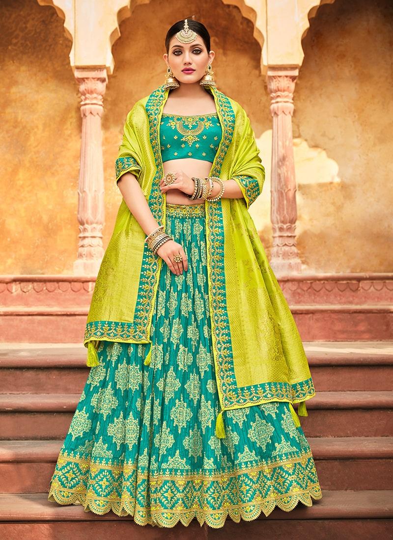 Turquoise Color Silk Material Zari And Silk Weave Work Lehenga 100% Authentic For Sale