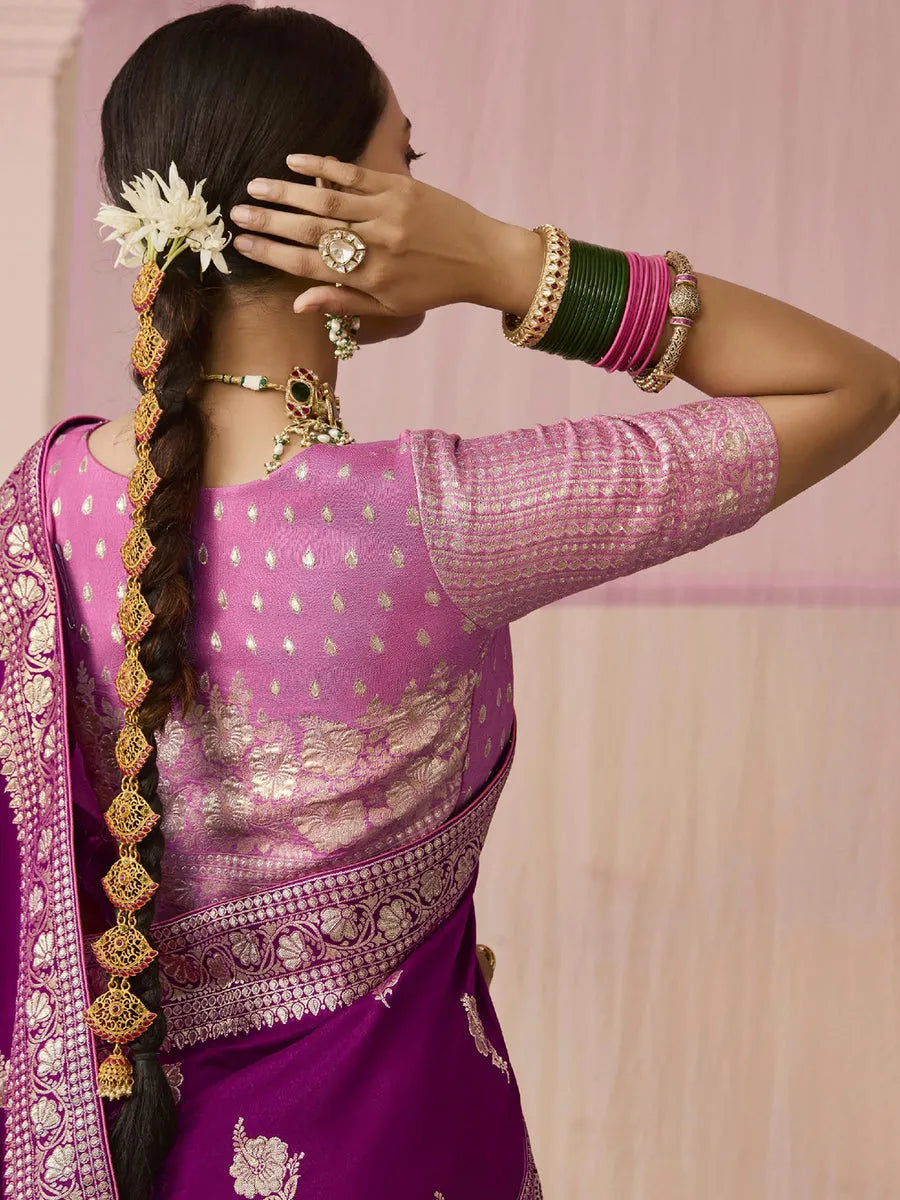 Purple Designer Silk Saree with Floral Weaving Work Clearance Geniue Stockist