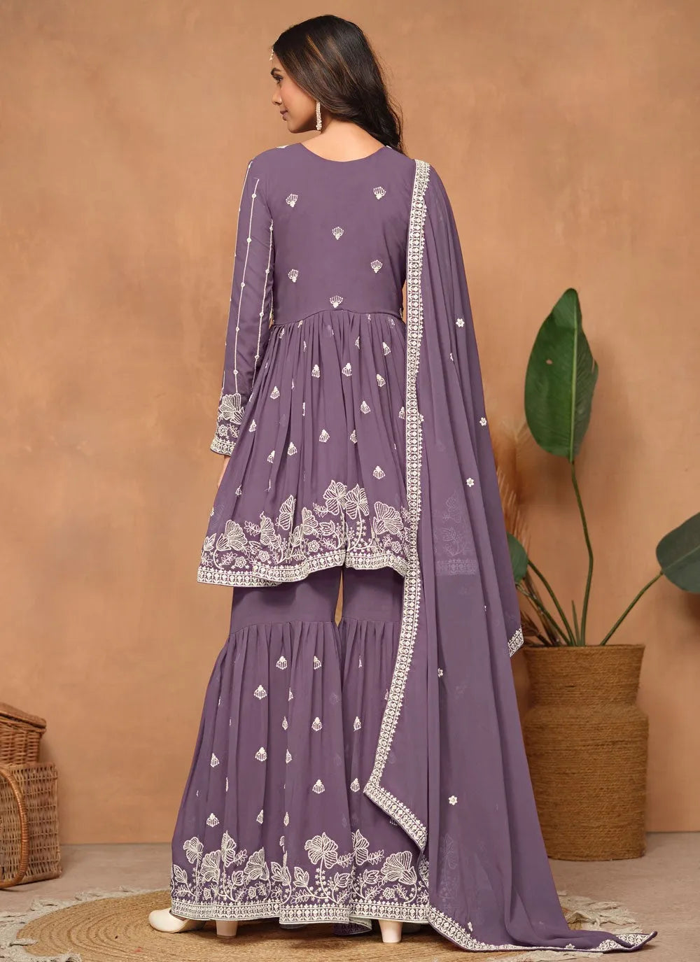 Purple Faux Georgette Sequins Embroidered Designer Top Sharara Suit Free Shipping Big Discount