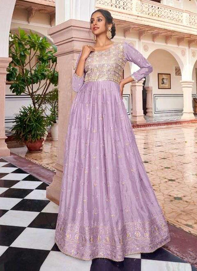 Embroidered Purple Georgette Gown Cheap Brand New Unisex