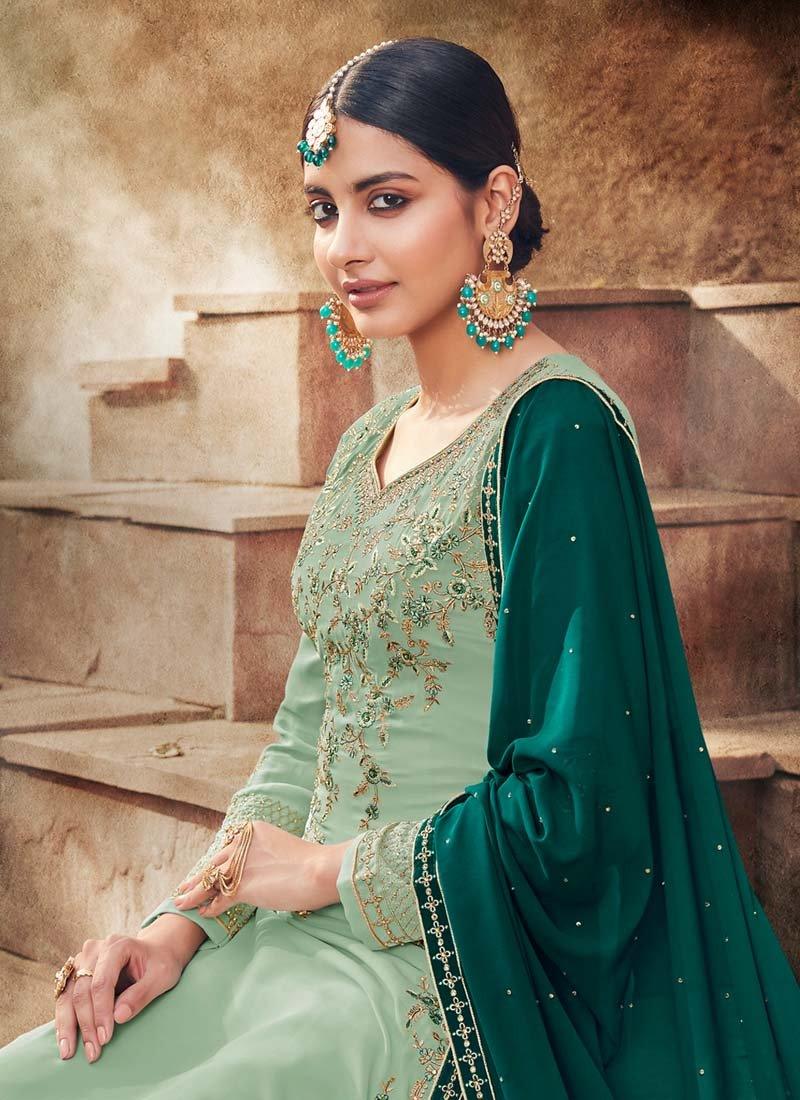 Light Green Color Georgette Base Resham Work Pant Style Salwar Kameez Outlet With Paypal Order