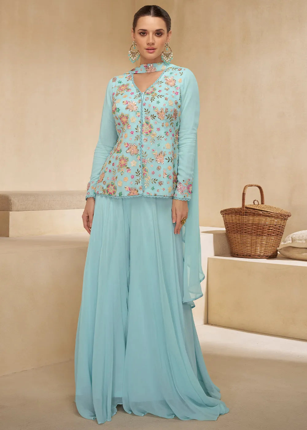 Sky Blue Pure Georgette Floral Embroidered Top Palazzo Suit Free Shipping Huge Surprise