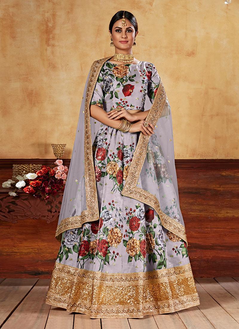 Heavy Sequins Digital Printed Grey Floral Lehenga With Mastercard Online