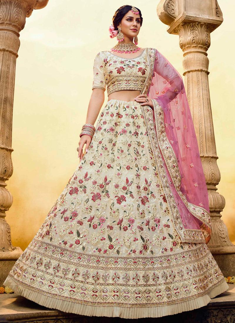 Off-White Resham Zarkan Dori Georgette Base Lehenga Choli Cheap Affordable