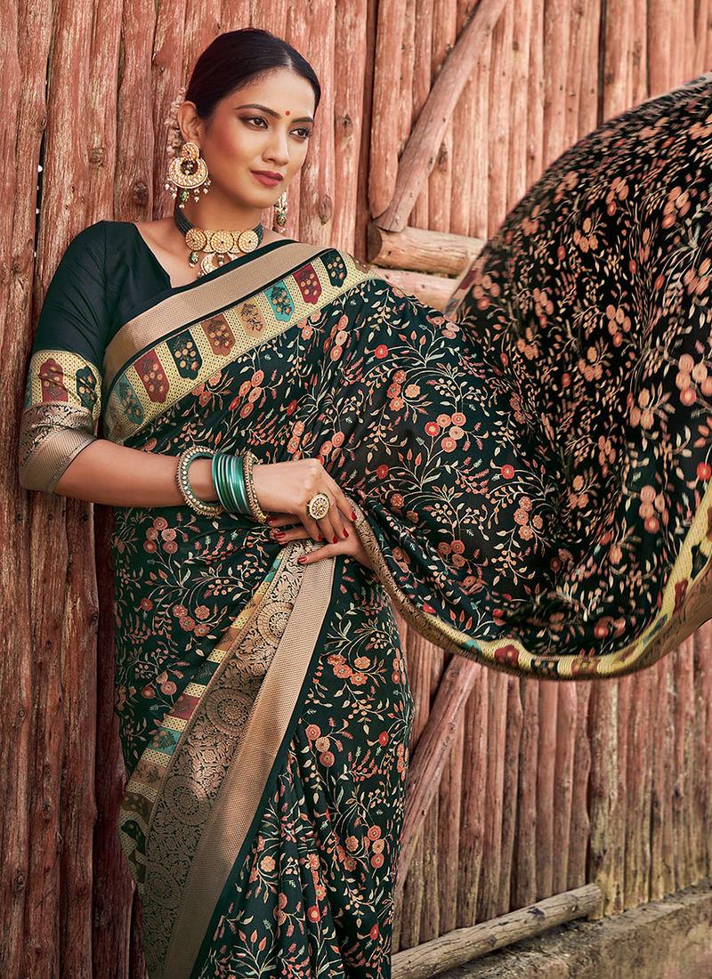 Dark Green Digital Print Traditional Saree Cheap Sale From China