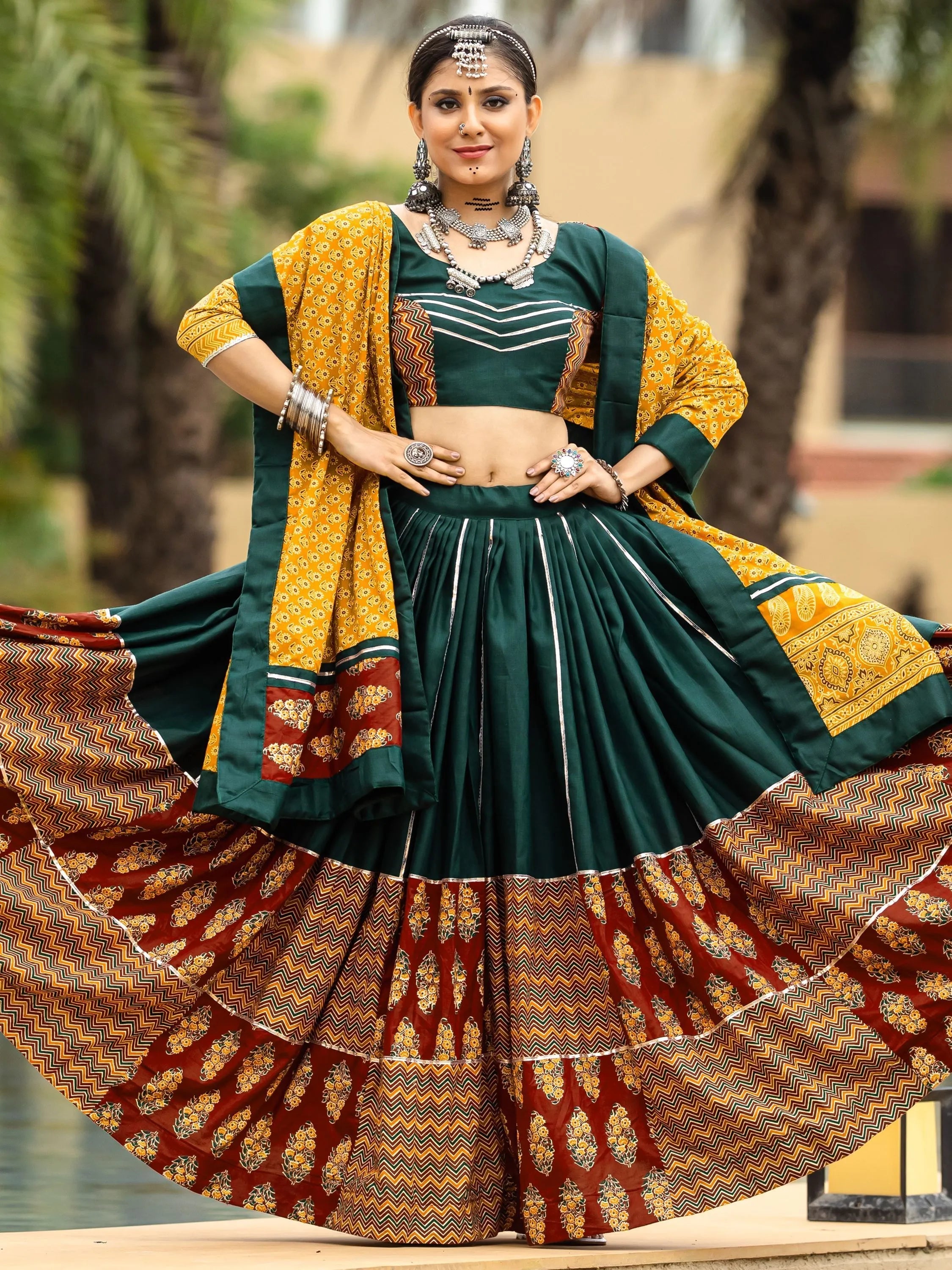 Dark Green Cotton Flared Rajwadi Navratri  Lehenga Choli Discount Ebay