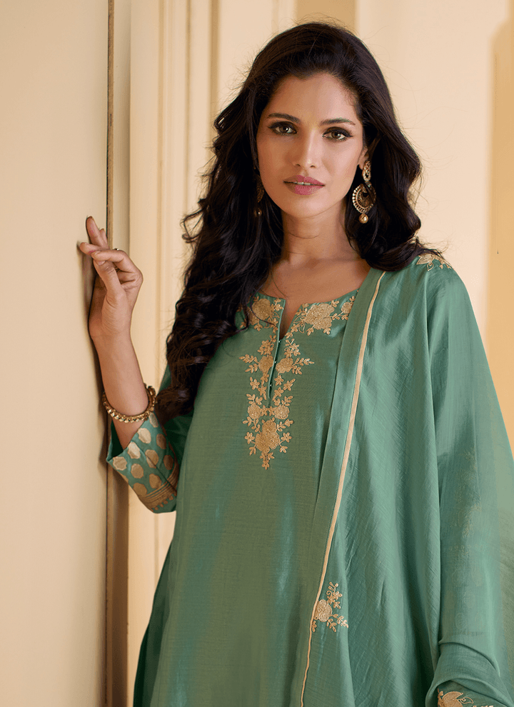 Sea Green Pure Silk Cording Worked Designer Top Palazzo Suit Largest Supplier