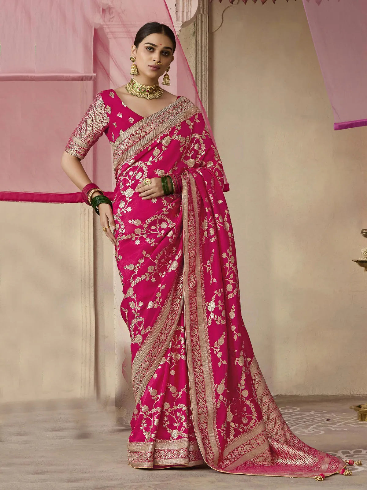 Rani Pink Designer Silk Saree with Floral Weaving Work 2025 Unisex For Sale