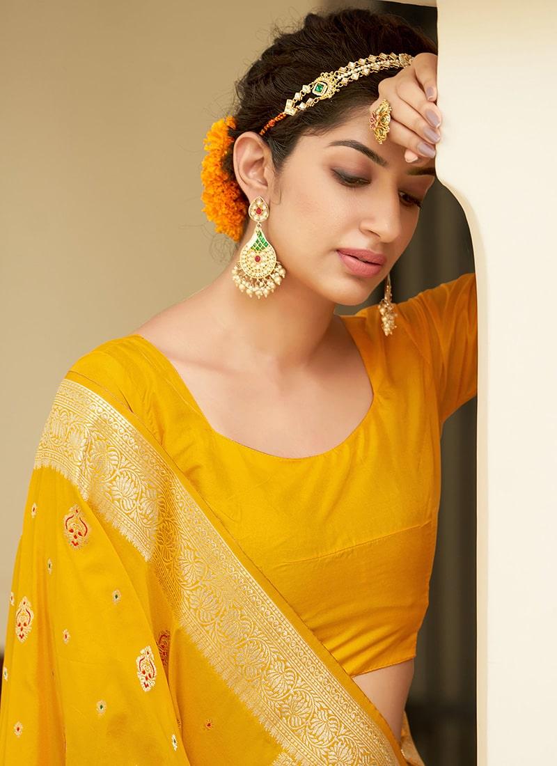 Yellow Color Banarasi Silk Fabric Saree With Silk Weaving Cheap Sale Cheapest