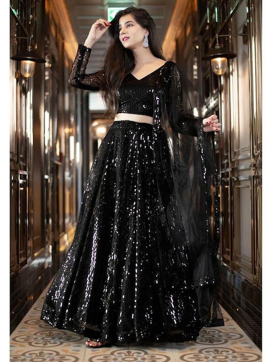 Black Net Sequinned and Embroidered  Flared Lehenga Choli Cheap Sale Enjoy