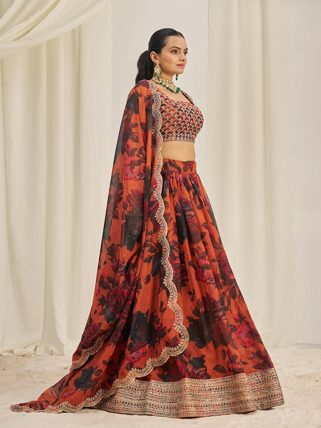 Orange Organza Zari Dori Sequins Floral Lehenga Choli Set Discount 2025 Unisex