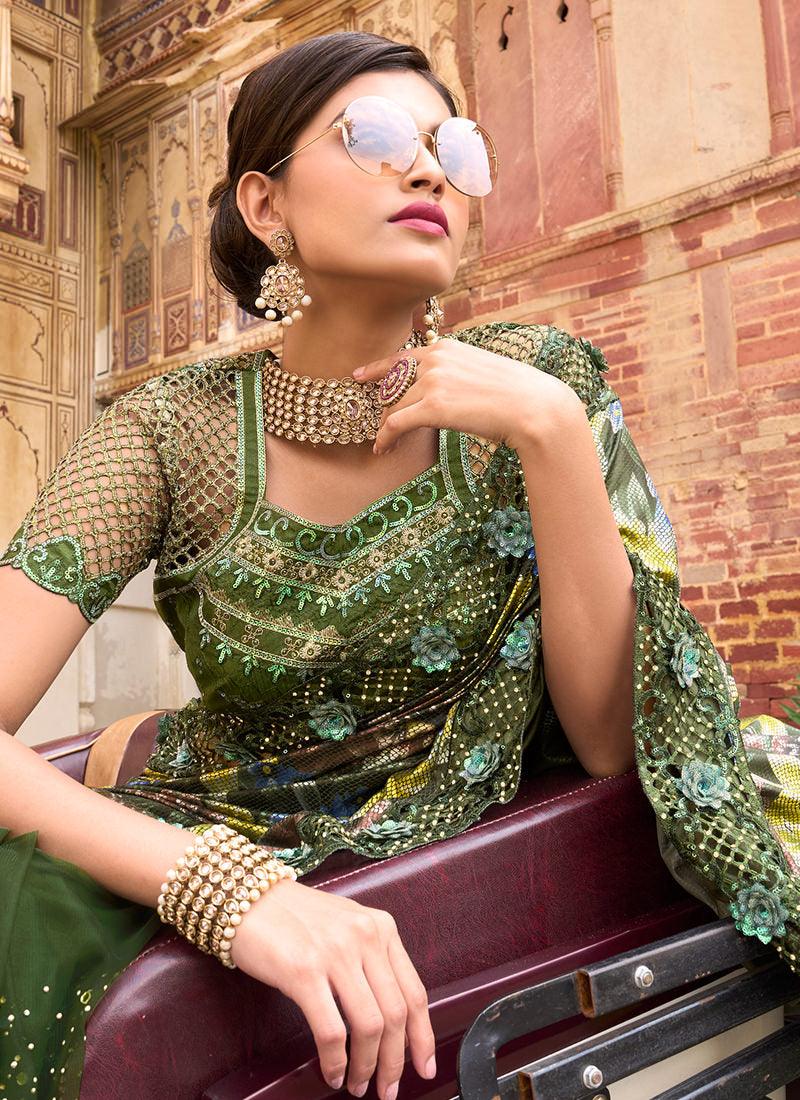 Mirror And Digital Print Embellished Mehendi Green Saree Free Shipping Best Pices