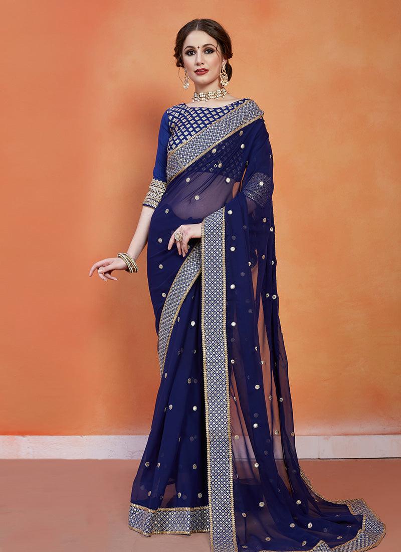 Exquisite Navy Blue Color Zari And Sequins Work Georgette Base Saree Clearance Tumblr