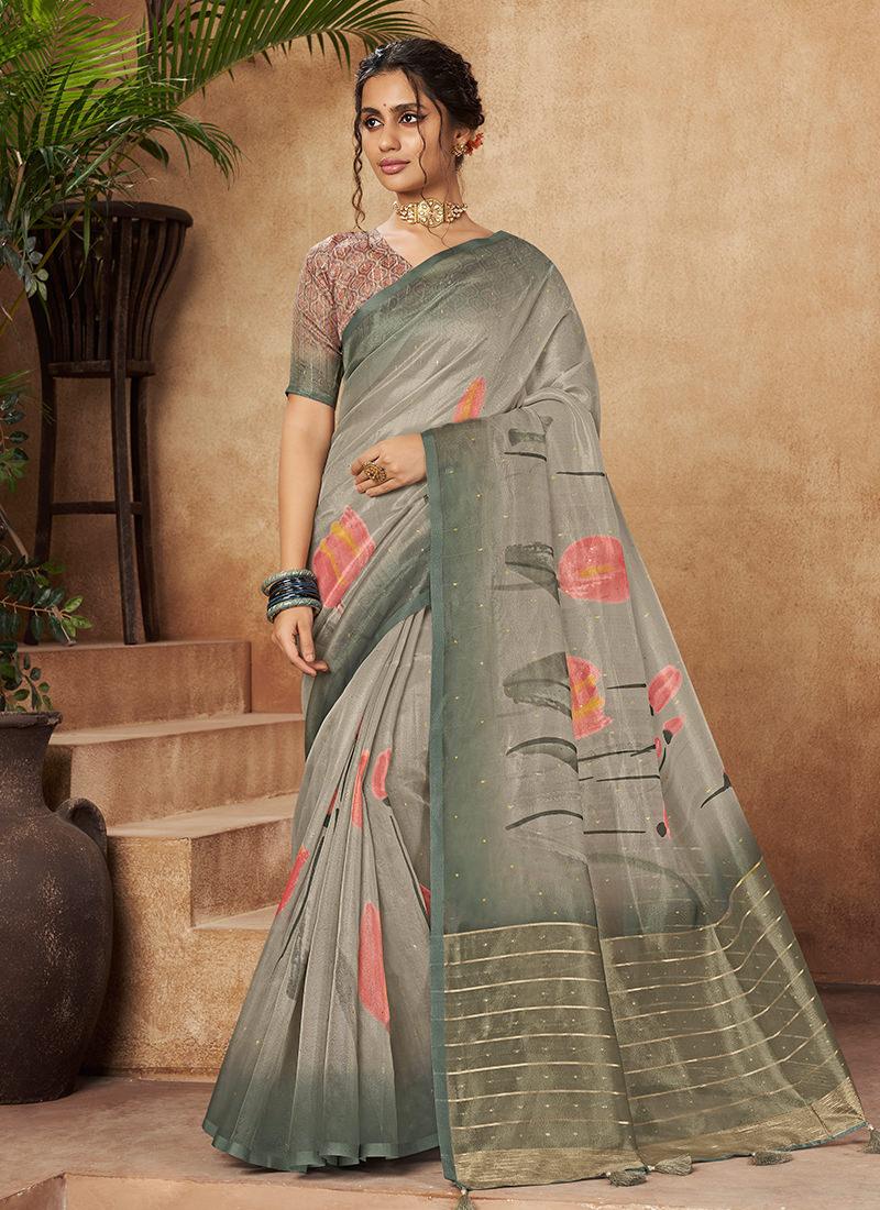 Organza Base Printed Green Floral Saree Sale Ebay