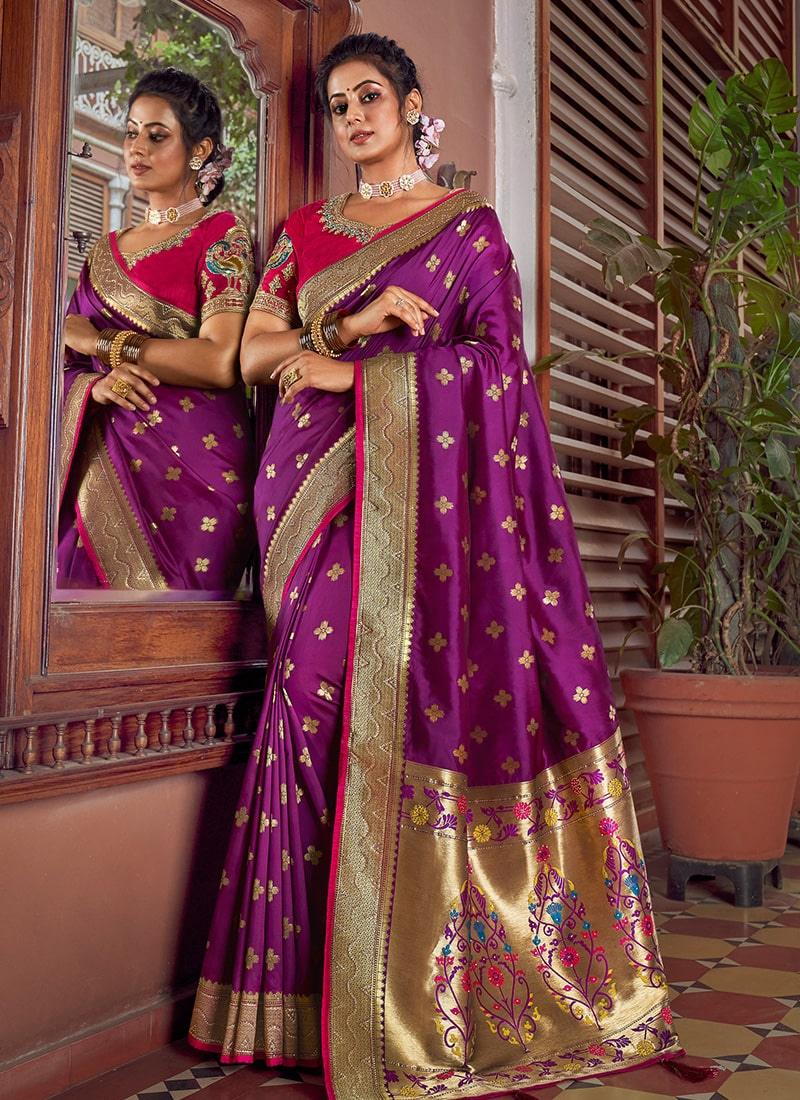 Purple Color Silk Material Silk Weave Work Half And Half Saree Cheap Sale Manchester