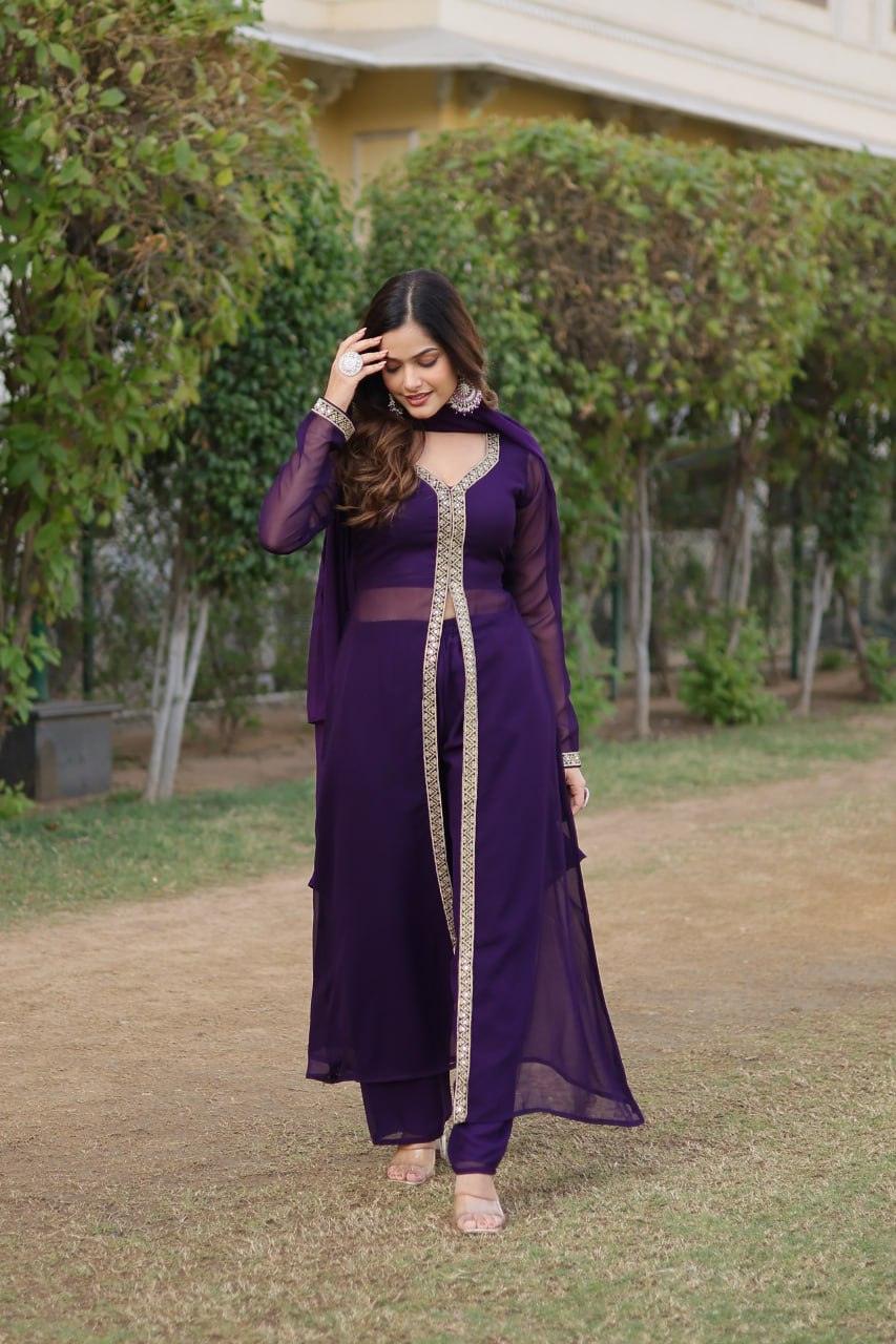 Stylish Slit Cut Faux Georgette Embroidered Kurti Pant Suit Low Pice Sale Online