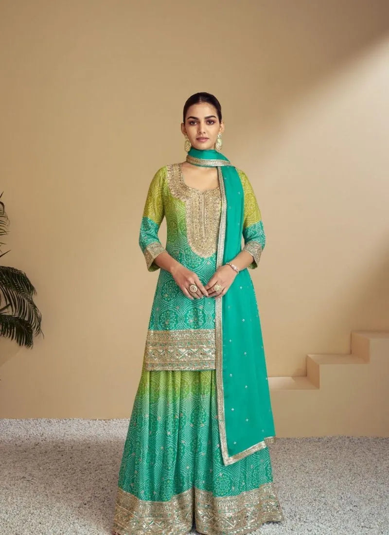 Stunning digital printed chinon sharara suit in Mint Green Clearance Big Discount