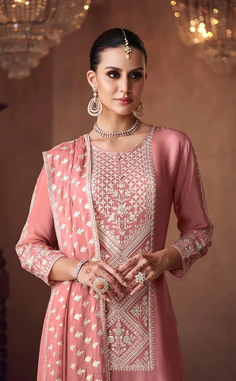 Brilliant Dusty Pink Chinon Embroidered Palazzo Suit Cheap Sale For Cheap