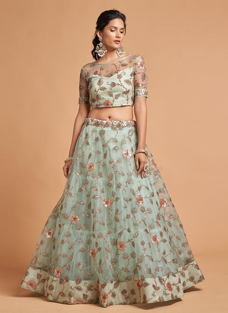 Sky Blue Color Net Base Sequined And Zari Work Lehenga Choli With Illusion Neck Blouse Cheap For Cheap