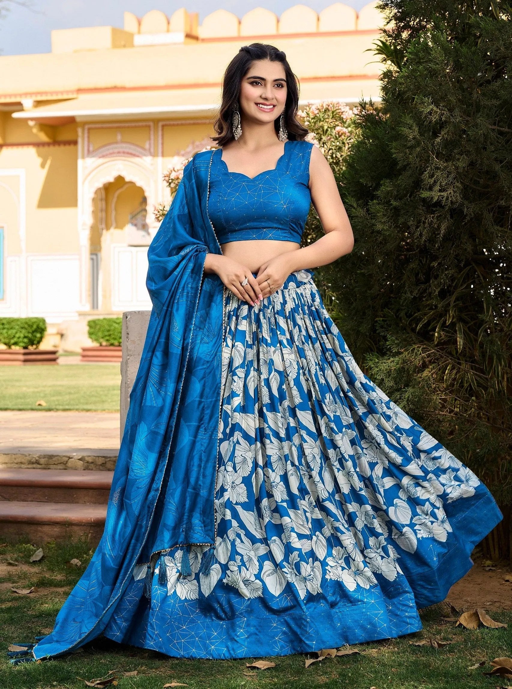 Lovely Royal Blue Tussar Silk Floral Printed Lehenga Choli Set New Styles For Sale