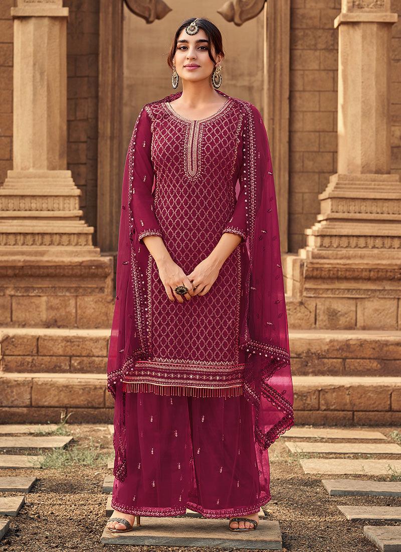 Rani Pink Color Georgette Base Palazzo Suit With Zari Work Amazon Cheap Pice