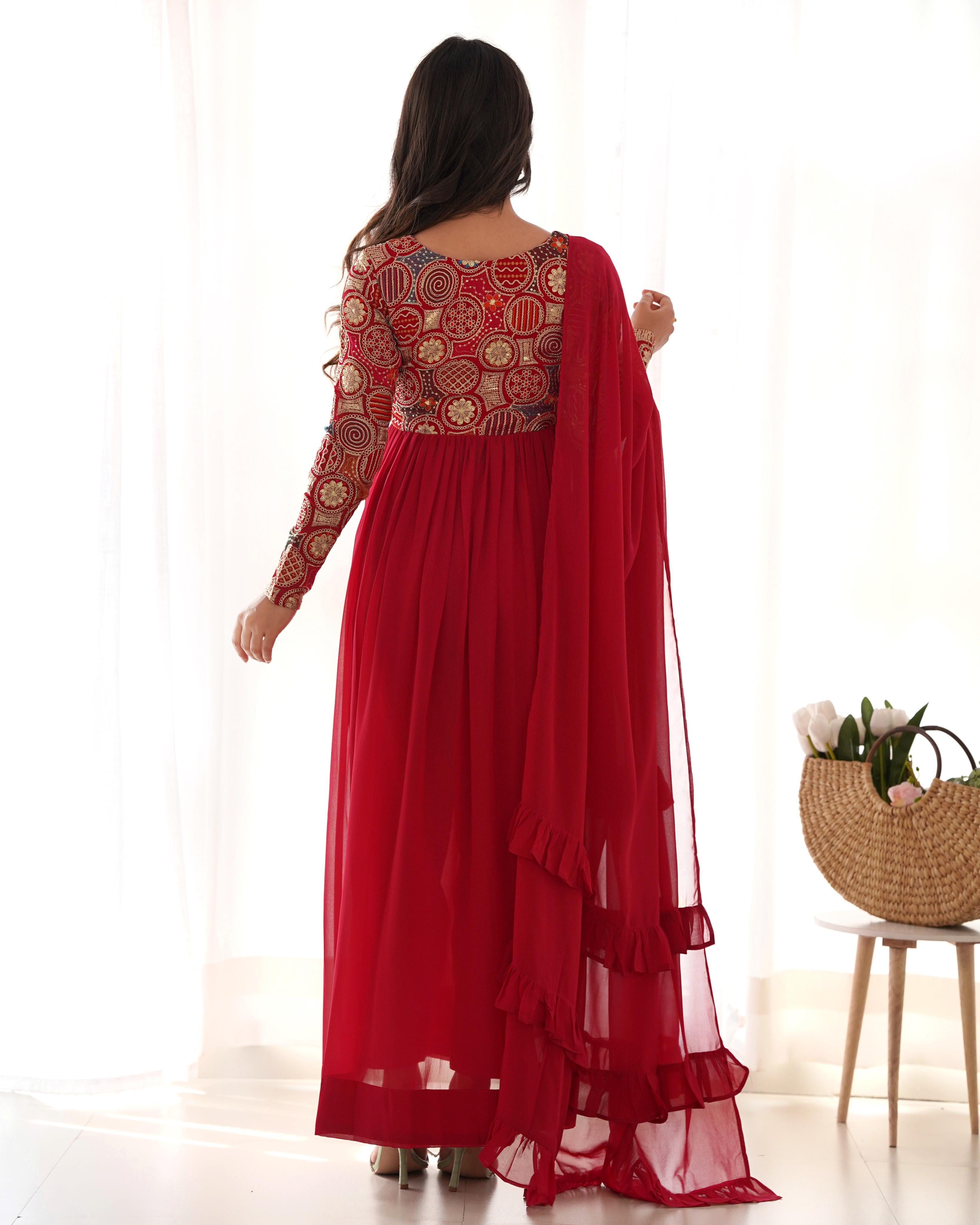 Red Georgette embroidered Naira and alia cut kurta suit Discount Purchase