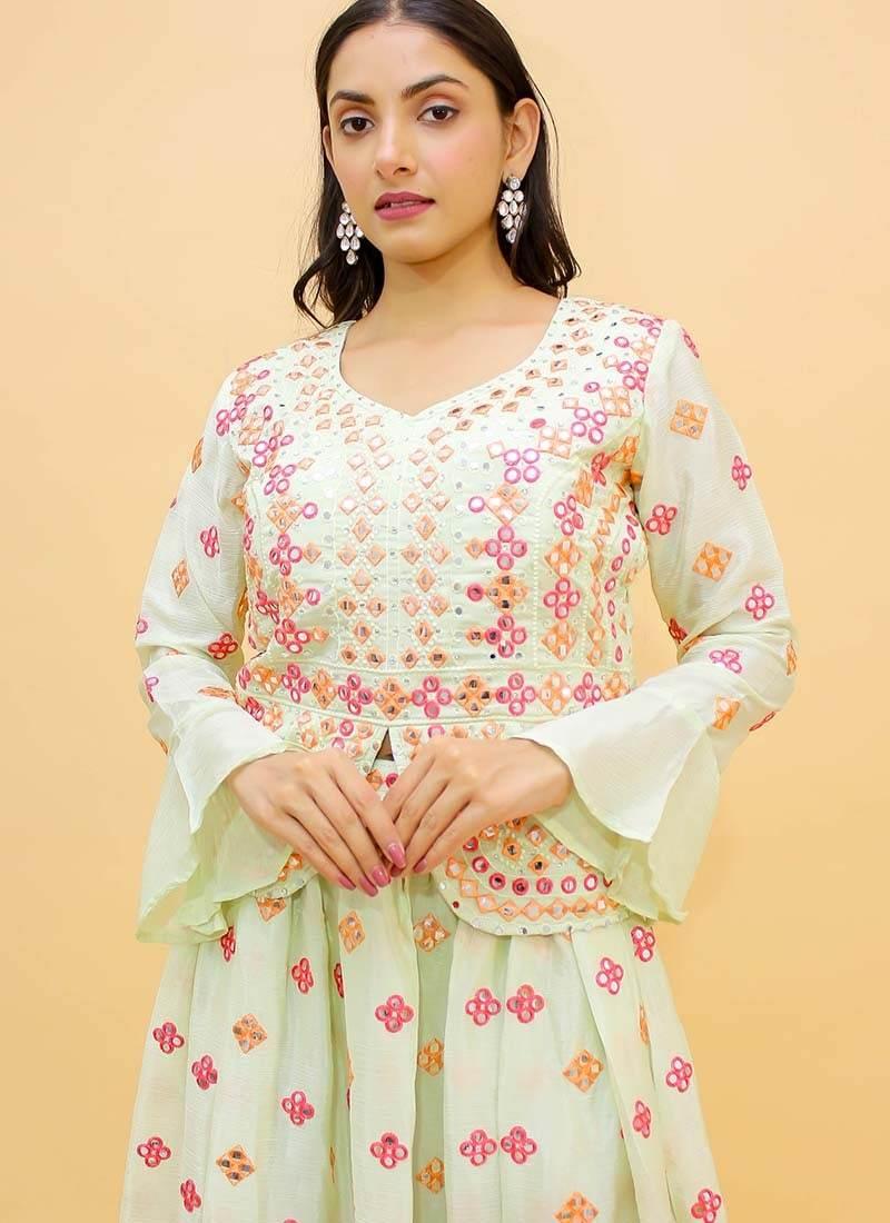 Mirror Work Pale Green Color Occasion Wear Flared Lehenga Outlet 2025